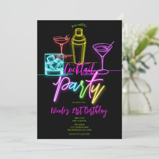 Neon Glow Lights Kleurrijke Cocktails 21e Verjaard Kaart (Staand voorkant)