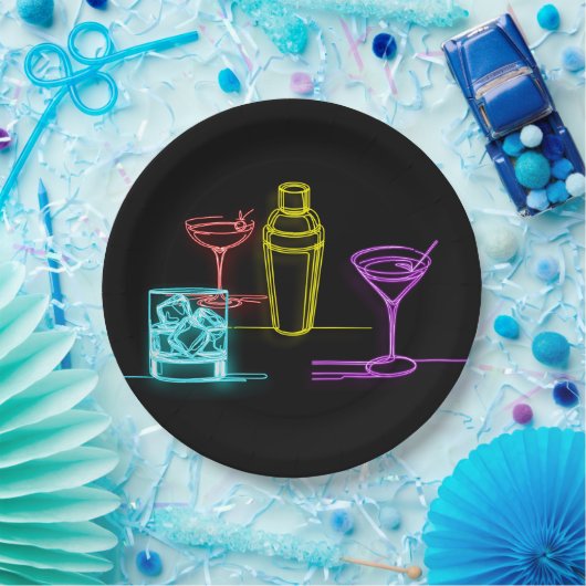 Neon Glow Lights Kleurrijke Cocktails 21e Verjaard Papieren Bordje (Feest)