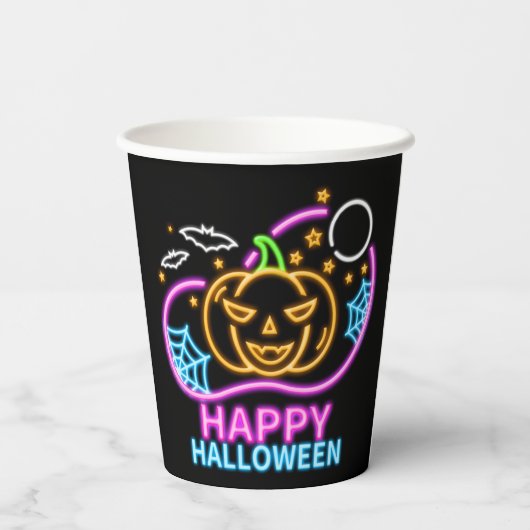 Neon Glow look Halloween Pumpkin Bats Web Moon Papieren Bekers (Achterkant)
