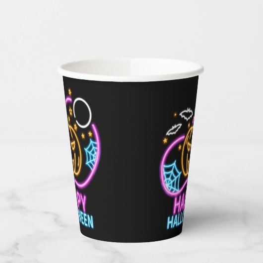 Neon Glow look Halloween Pumpkin Bats Web Moon Papieren Bekers (Links)