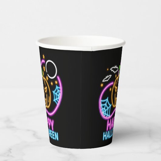 Neon Glow look Halloween Pumpkin Bats Web Moon Papieren Bekers (Rechts)