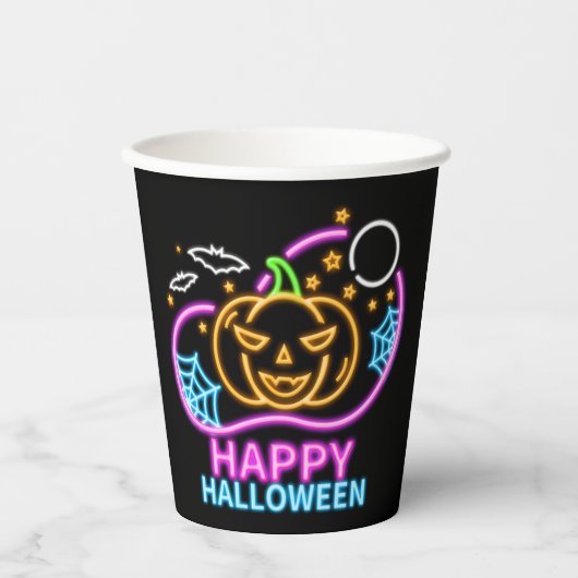 Neon Glow look Halloween Pumpkin Bats Web Moon Papieren Bekers (Voorkant)
