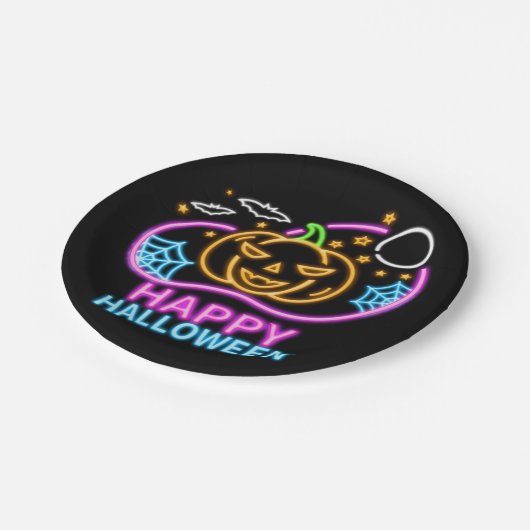 Neon Glow look Halloween Pumpkin Web Moon 7" Papieren Bordje (Gekanteld)