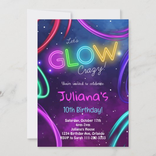 Neon Glow Meisjes Verjaardagsfeestje Uitnodigen Kaart (Voorkant)