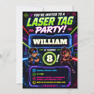 Neon Glow Missie Laser Tag Kinderverjaardag Kaart