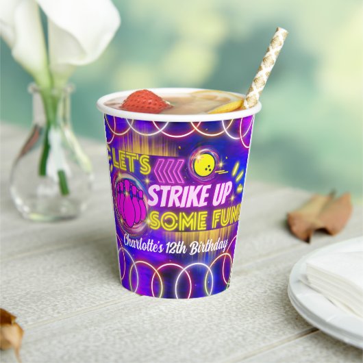 Neon Glow Paarse Meisje Bowling Verjaardagsfeestje Papieren Bekers (Insitu)