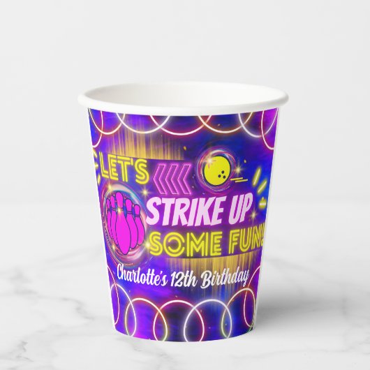 Neon Glow Paarse Meisje Bowling Verjaardagsfeestje Papieren Bekers (Voorkant)
