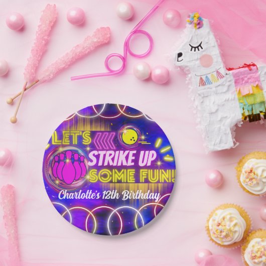 Neon Glow Paarse Meisje Bowling Verjaardagsfeestje Papieren Bordje (Feest)