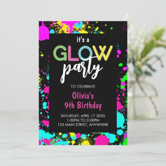Neon Glow Paint Splatter Verjaardag Kaart (Staand voorkant)