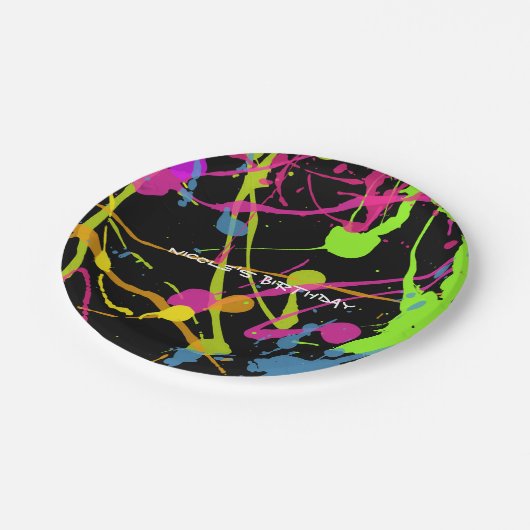 Neon Glow Paint Splatter verjaardagsfeestje Papieren Bordje (Gekanteld)