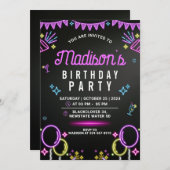 Neon Glow Party bewerkbare uitnodiging voor verjaa (Voorkant / Achterkant)