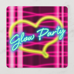 Neon GLOW Party Heart Birthday Party Invitation Kaart