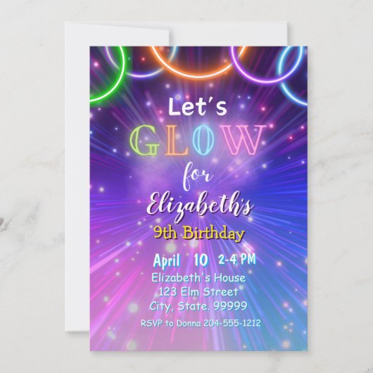 Neon Glow Party uitnodiging voor meisjes (Voorkant)