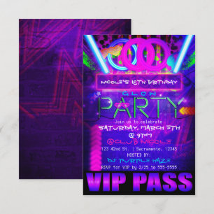 Neon Glow PARTY Verjaardag VIP PAS Club Uitnodigin Kaart