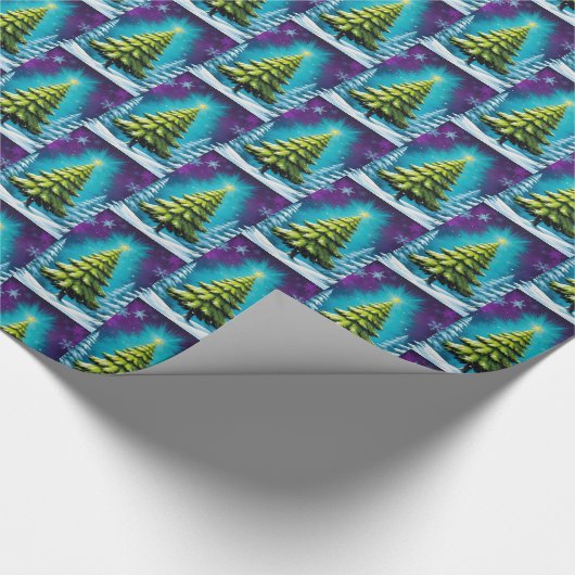 Neon Glow Pine Tree met ster in Dromerige Snowy Fo Cadeaupapier (Hoek)