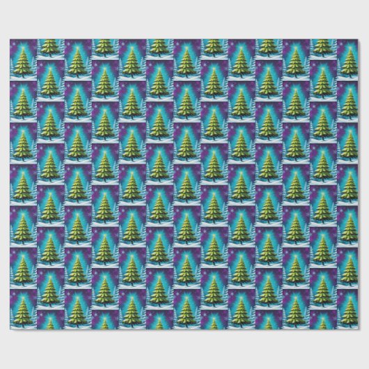 Neon Glow Pine Tree met ster in Dromerige Snowy Fo Cadeaupapier (Vlak)