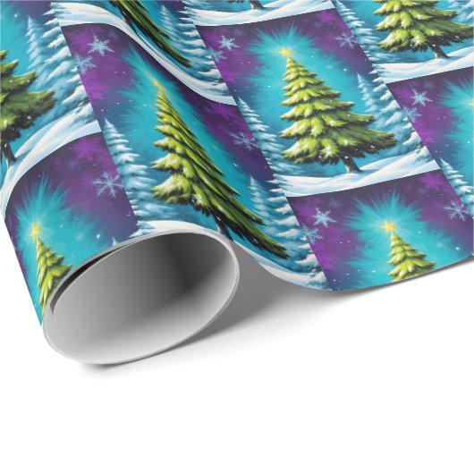 Neon Glow Pine Tree met ster in Dromerige Snowy Fo Cadeaupapier (Rol Hoek)
