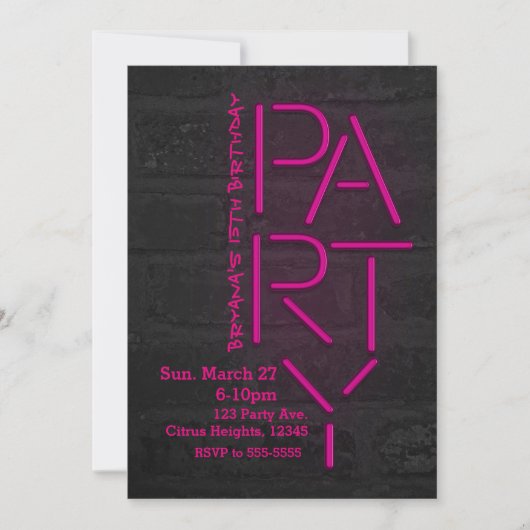 Neon Glow Pink PARTY Brick Wall Urban Invitation Kaart (Voorkant)