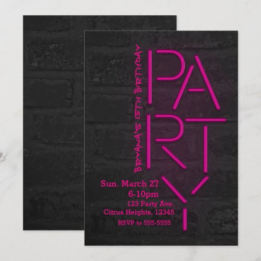 Neon Glow Pink PARTY Brick Wall Urban Invitation Kaart (Voorkant / Achterkant)