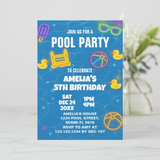 Neon Glow Pool Bash Uitnodiging (Staand voorkant)