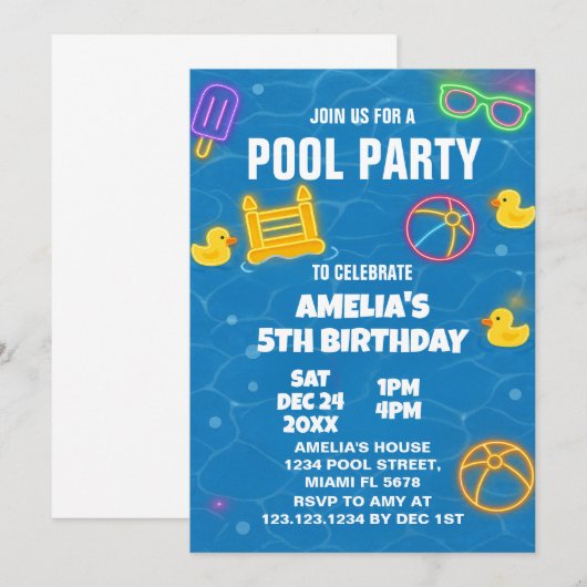 Neon Glow Pool Bash Uitnodiging (Voorkant / Achterkant)