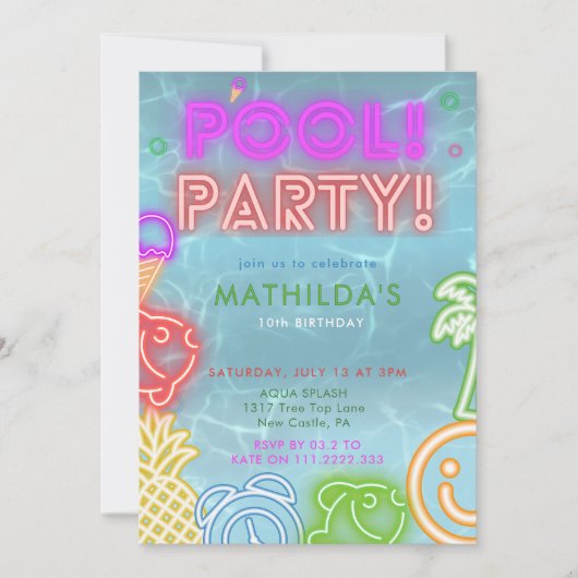 Neon Glow Pool Party Any Age Birthday  Kaart (Voorkant)