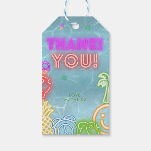 Neon Glow Pool Party Any Age Birthday Thank You Cadeaulabel (Voorkant)