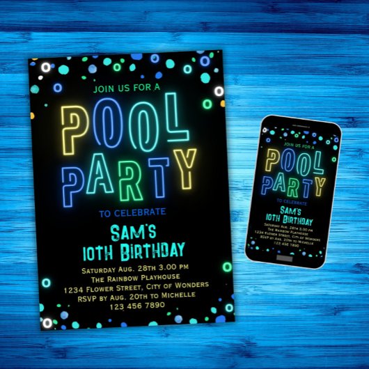 Neon Glow Pool Party Boys Zomer Verjaardagsfeest Kaart
