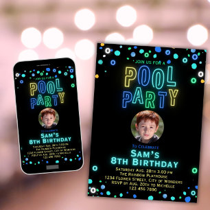 Neon Glow Pool Party Jongens Foto Verjaardagsfeest Kaart