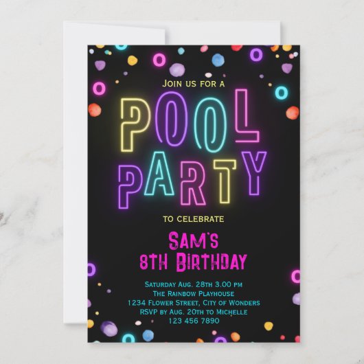 Neon Glow Pool Party Meisjes Roze Paarse Verjaarda Kaart (Voorkant)