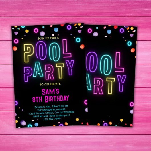 Neon Glow Pool Party Meisjes Roze Paarse Verjaarda Kaart