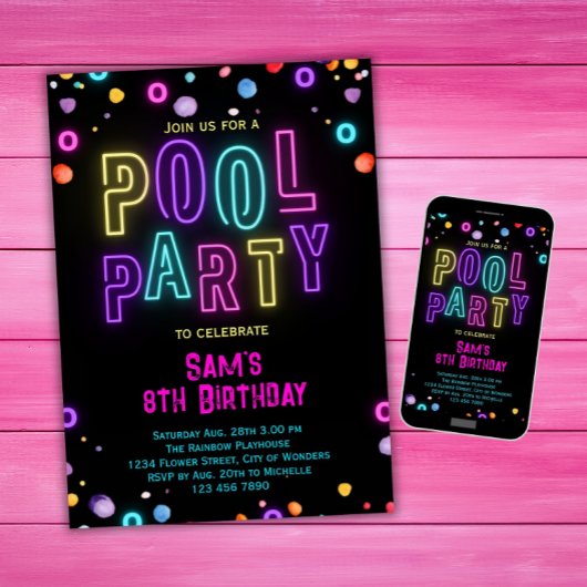 Neon Glow Pool Party Meisjes Roze Paarse Verjaarda Kaart