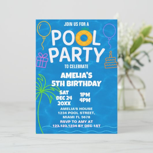 Neon Glow Pool Party Uitnodiging voor verjaardag (Staand voorkant)