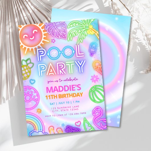 Neon Glow Pool Party Uitnodiging voor verjaardag