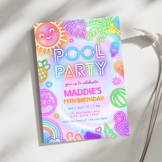 Neon Glow Pool Party Uitnodiging voor verjaardag