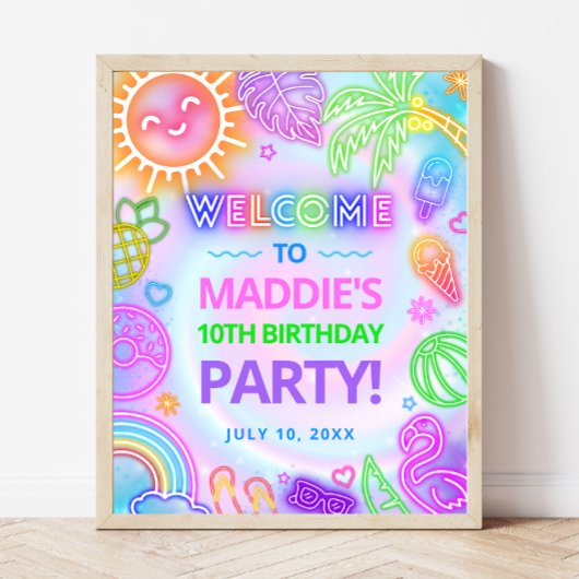 Neon Glow Pool Party Verjaardag Welkomstbord Poster