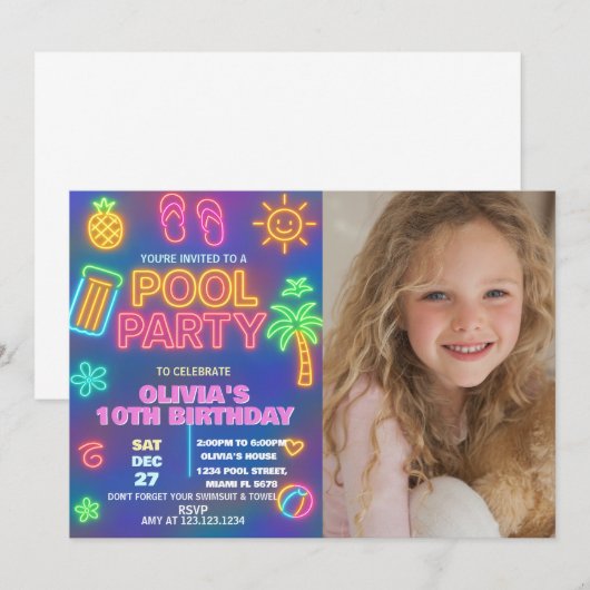 Neon Glow Pool Party verjaardagsuitnodiging Kaart (Voorkant / Achterkant)