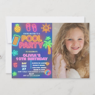 Neon Glow Pool Party verjaardagsuitnodiging Kaart