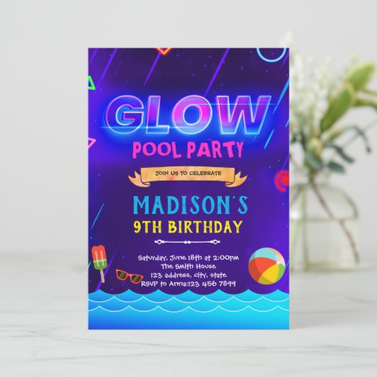 Neon glow pool uitnodiging (Staand voorkant)