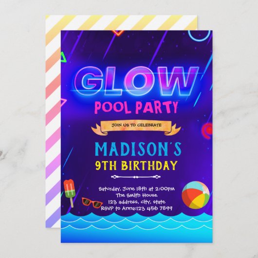 Neon glow pool uitnodiging (Voorkant / Achterkant)