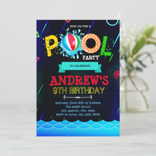 Neon Glow-pooluitnodiging Kaart (Staand voorkant)