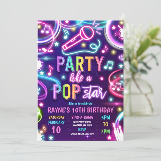 Neon Glow Pop Star Dance Music Birthday Party Kaart (Staand voorkant)