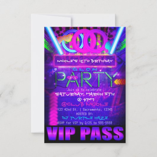 Neon Glow PTY Birthday VIP PASS Club Uitnodigingen (Voorkant)