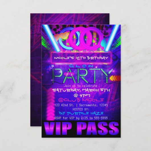 Neon Glow PTY Birthday VIP PASS Club Uitnodigingen (Voorkant / Achterkant)