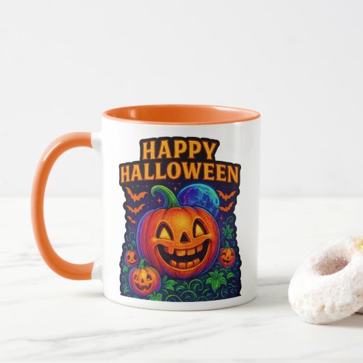 Neon Glow Pumpkin "Happy Halloween" Mok (Met donut)