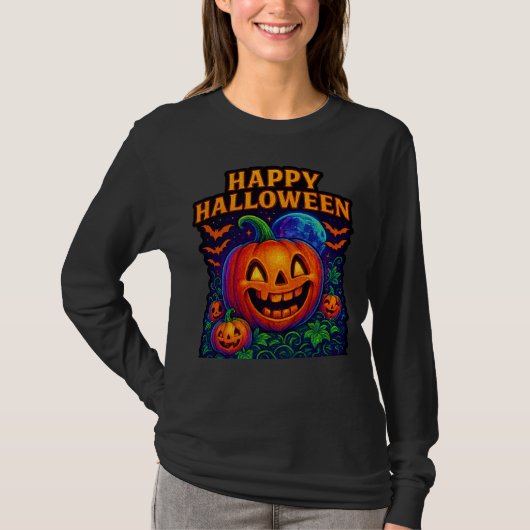 Neon Glow Pumpkin "Happy Halloween" T-shirt (Voorkant)