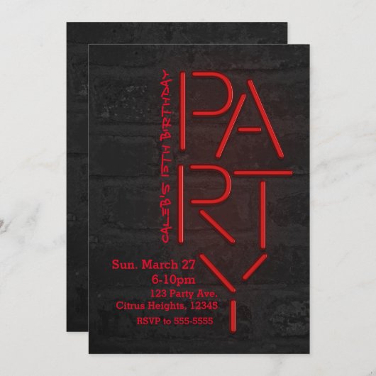 Neon Glow Red PARTY Brick Wall Urban Invitation Kaart (Voorkant / Achterkant)