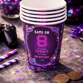 Neon Glow Retro Arcade Gamen 8e Verjaardag Papieren Bekers