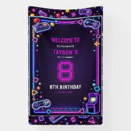 Neon Glow Retro Arcade Gamen 8e Verjaardag Spandoek