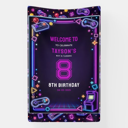 Neon Glow Retro Arcade Gamen 8e Verjaardag Spandoek
